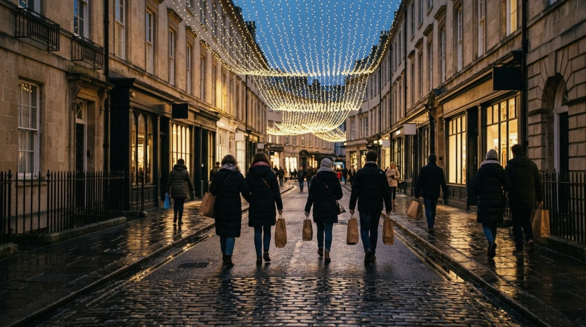 Christmas lights over a shopping street on a 2 day London christmas itinerary