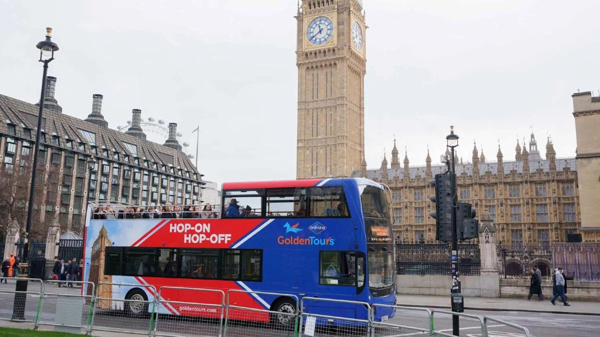 Open-top double-decker bus tour through central London on a 2 day itinerary
